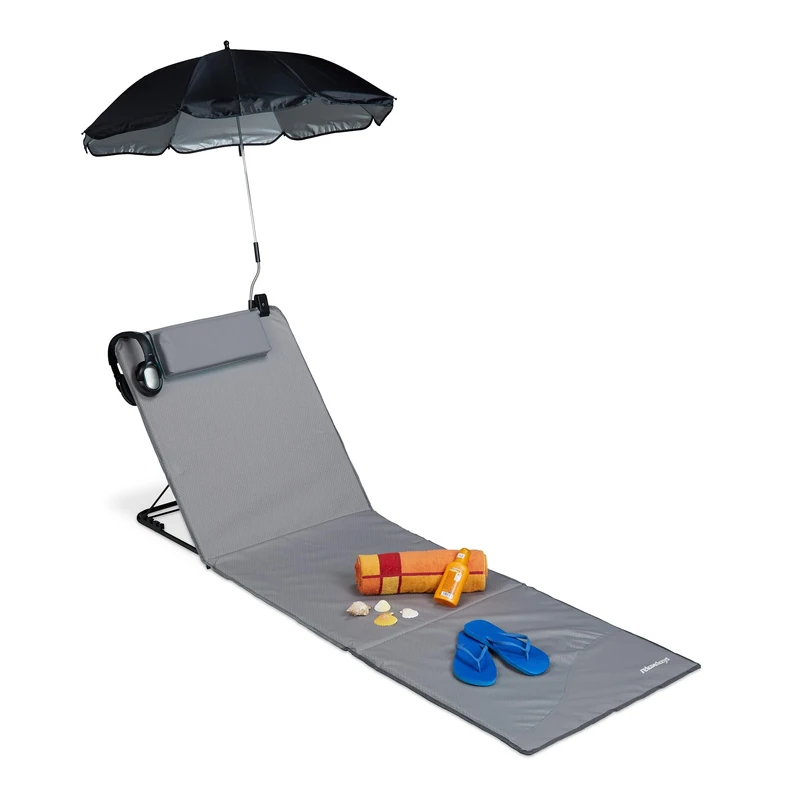 Relaxdays XXL Padded Beach Mat with Parasol, Adjustable, Cushion & Carrier Bag, Portable, Grey