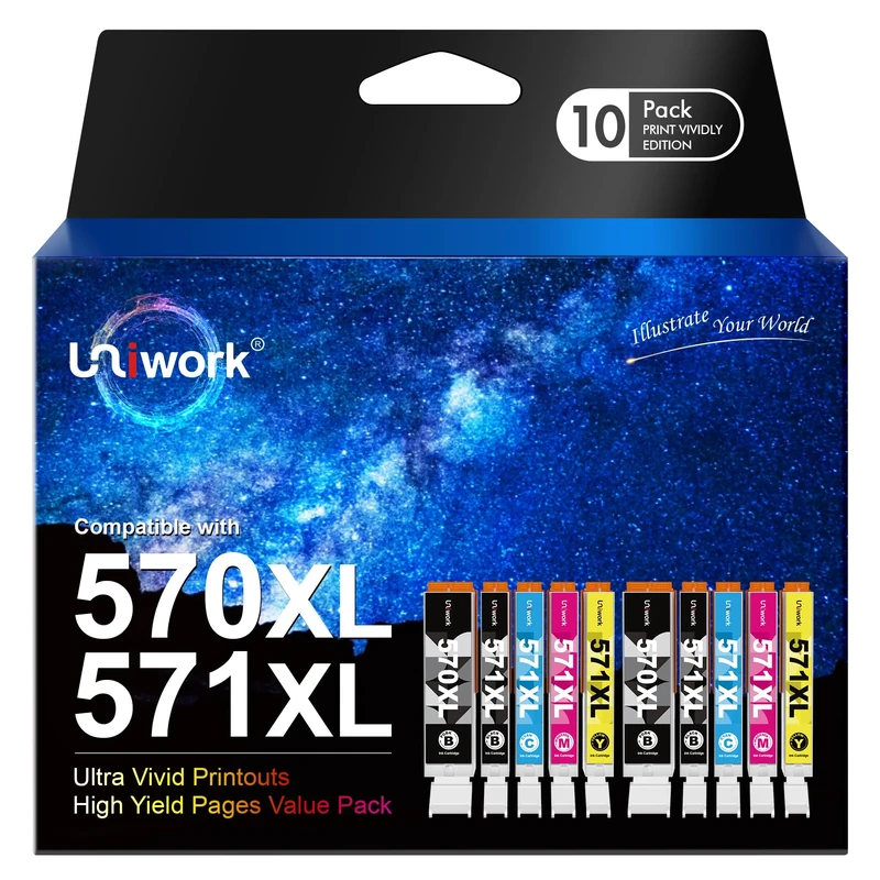 Uniwork Compatible Ink Cartridge Replacement for Canon PGI-570XL CLI-571XL Compatible with PIXMA TS5050 TS5051 TS5055 MG5750 MG5751 MG5753 TS6050 TS6051 MG6850 (PGBK Black Cyan Magenta Yellow,10-Pack)