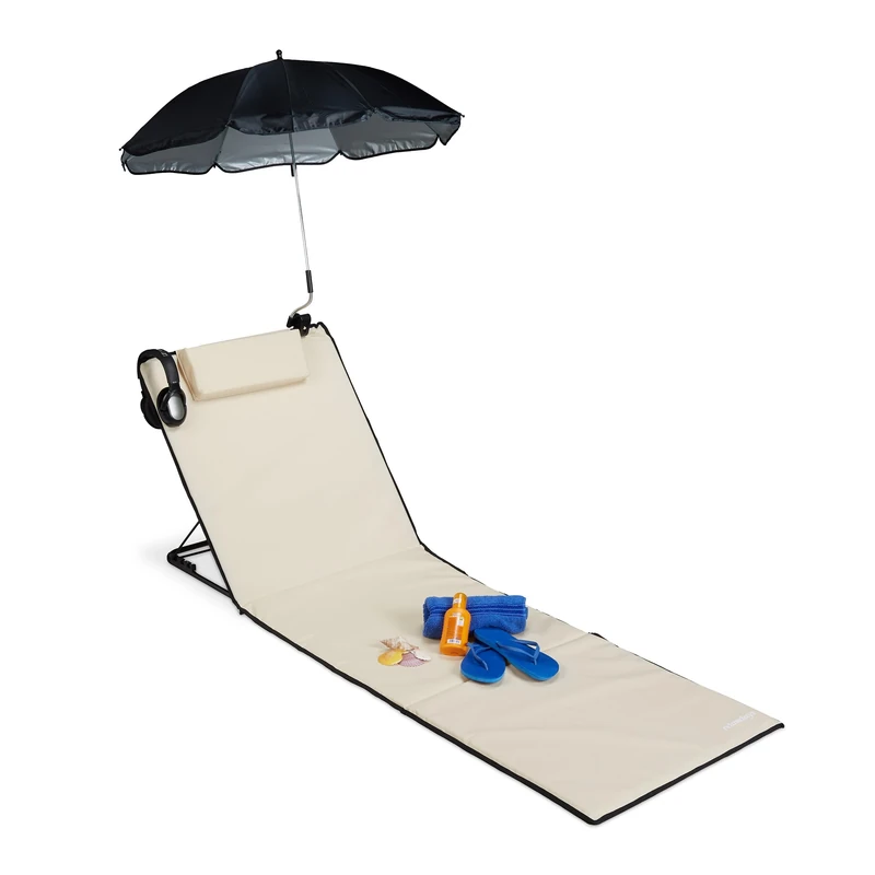 Relaxdays XXL Padded Beach Mat with Parasol, Adjustable, Cushion & Carrier Bag, Portable, Beige