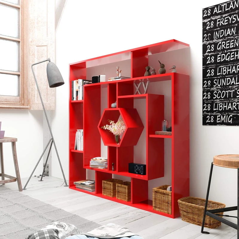 DECOROTIKA 53" Labrina Geometric Bookcase for Home & Office (Red)