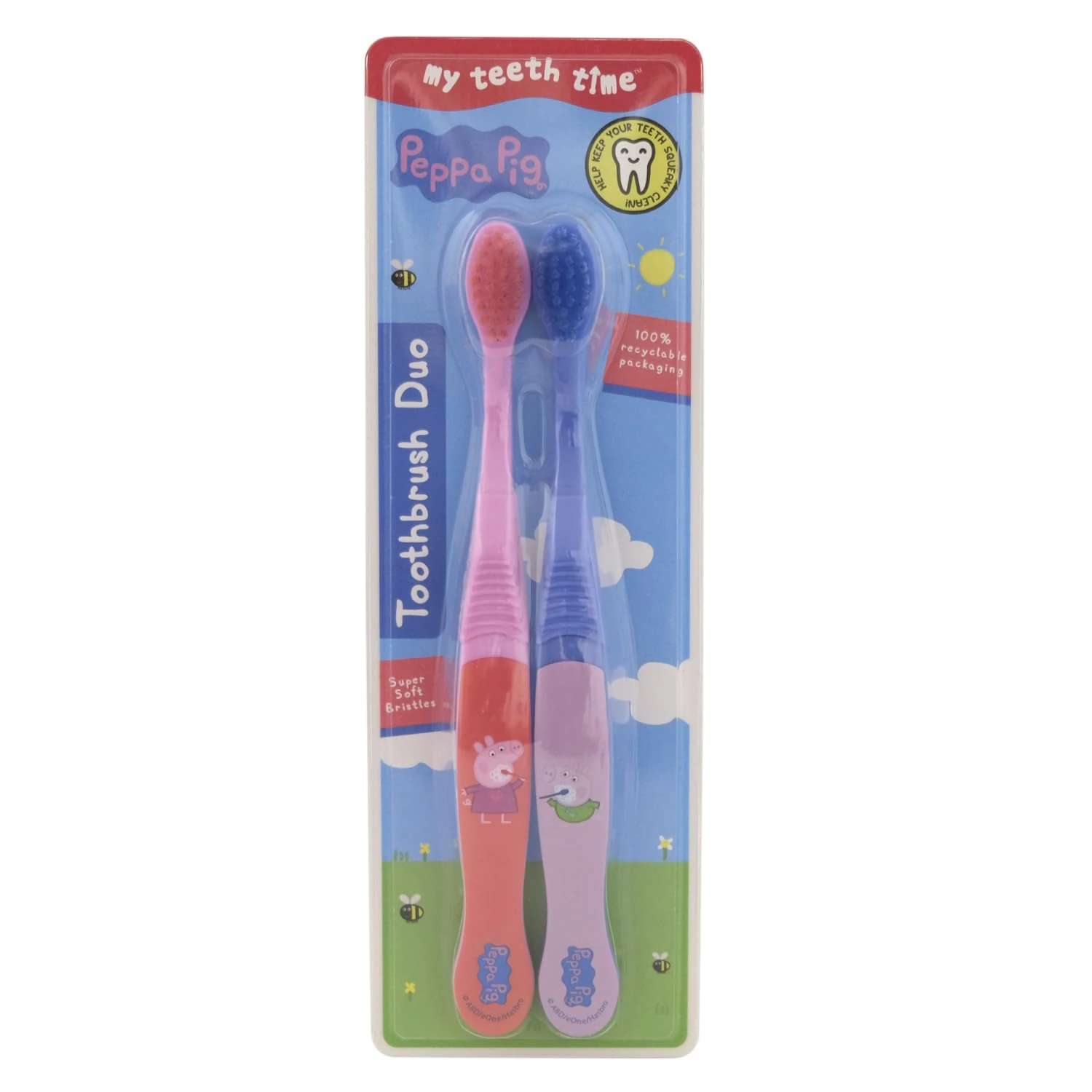 My Teeth Time Peppa Pig Toothbrush Duo, Dental Care, for Kids Aged 4-6 Years, Twin Pack, Soft Toothbrush, Peppa and George Design, Multicoloured