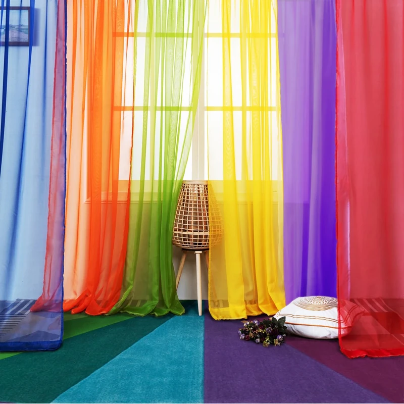 WPM 6 Piece Rainbow Sheer Window Panel Colorful Backdrop Bright Curtains Set for Playroom, Nurseries, Bedroom Lime, Orange, Red, White, Bright Yellow, Navy Drapes Kids (84" Long)
