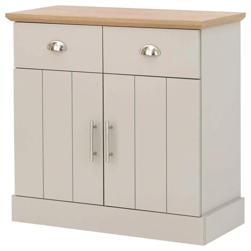 GFW Kendal Compact Sideboard Cabinet Unit With 2 Storage Drawers & Storage Cupboards Contemporary Wooden Sideboards For Living Room, Dining Room & Kitchen, grey sideboards Grey&Oak, H77 x W78 x D39
