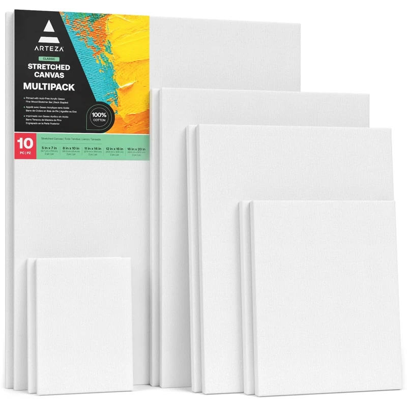 ARTEZA Stretched White Blank Canvas Multi Pack, 5x7, 8x10, 11x14, 12x16, 16x20 (2 of Each) Set of 10, Primed, 100% Cotton, Art Supplies for Acrylic, Oil, Other Wet or Dry Media