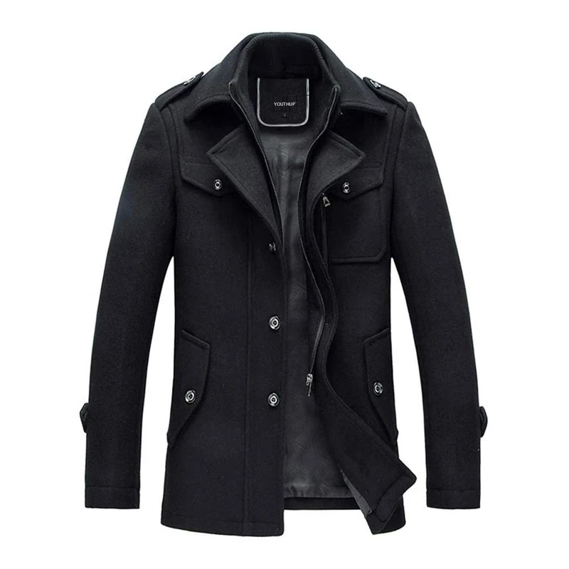 YOUTHUP Mens Wool Coats Casual Thick Short Winter Trench Coat Regular Fit Peacoat with Detachable Inner Collar, Black-thin, 3XL