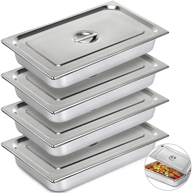KITGARN 4" Deep Steam Table Pan Full Size 13L Deep Food Container Stainless Steel Oven Tray Anti-Jam Steam Table Food Pan Set of 4 Food Pans(4"/4PCS)