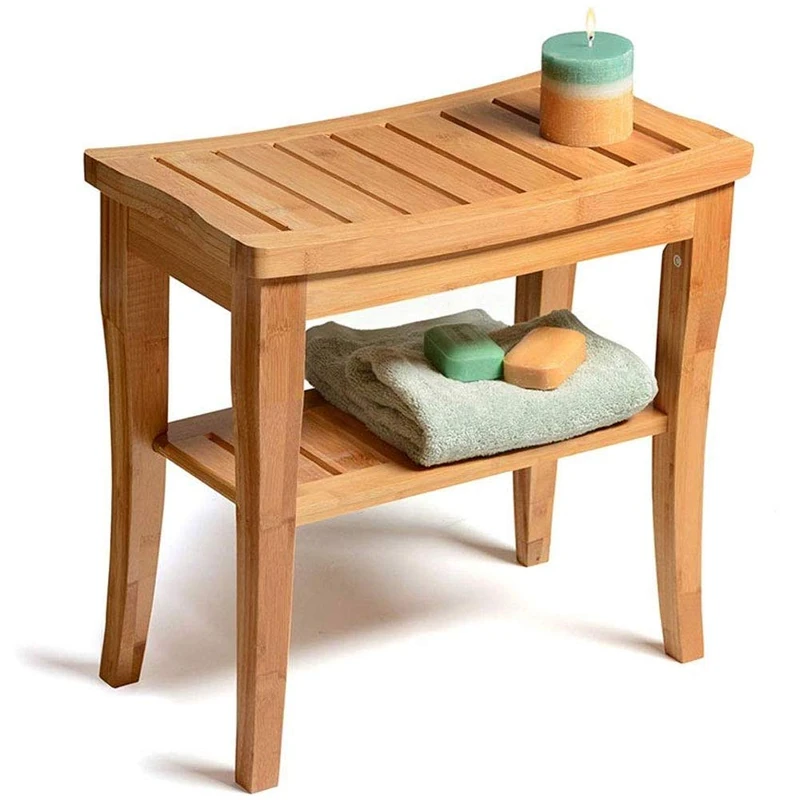 BAKAJI Bamboo Bathroom Stool with Bench Shelf Storage Bench Home Bamboo Colour Natural Size 47.5 x 26 x 44.5 cm