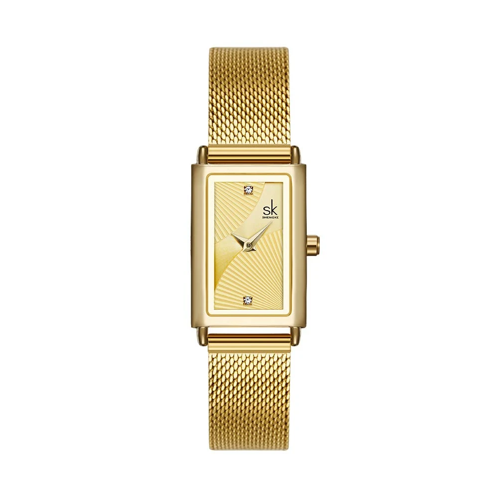 SHENGKE Minimalist Watch (Love Me Tender Love Me Home) Casual Fashion Wrist Watch Mesh Square Gold