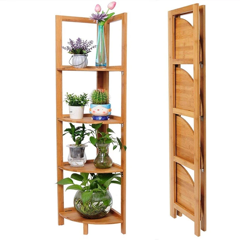 BAKAJI Folding Corner Shelf Bookcase 4 Shelves, Bambú, Natural Bamboo, 27 x 27 x 120 cm