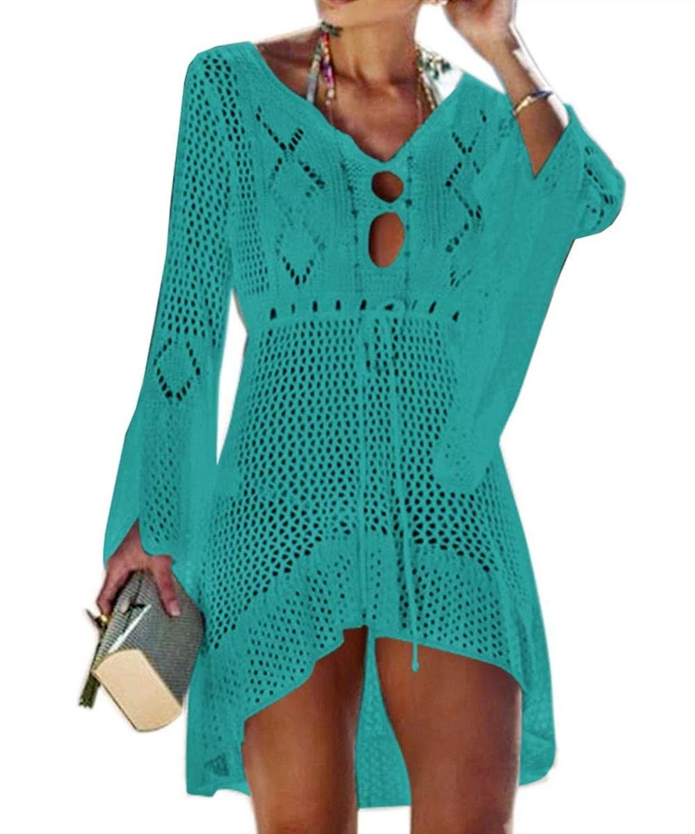Jinsha Women's Swimsuitwear-Fashion Sexy-Bikini Bathing-Beachwear Cover-Ups - Sarongs Suit Hollow Crochet Dress Skirt Short Tops Blouse Tunic Open Front Lightweight Casual Cover Up Summer Women Green