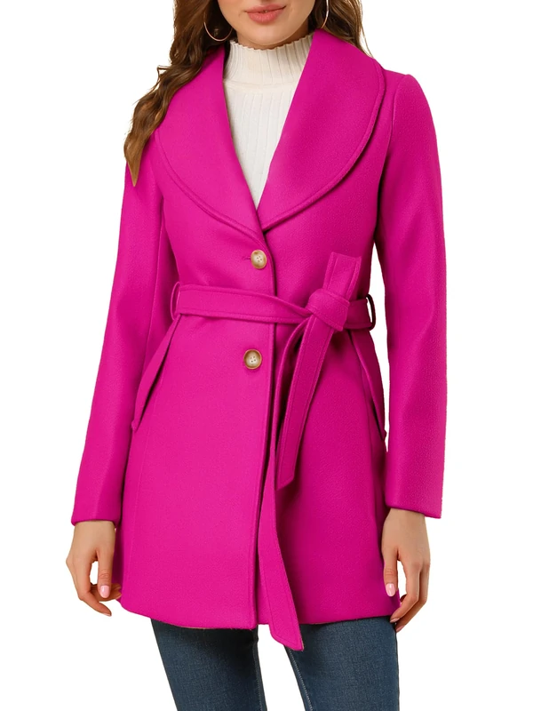 Allegra K Women's Single Breasted Belted Midi Winter Coat Hot Pink L