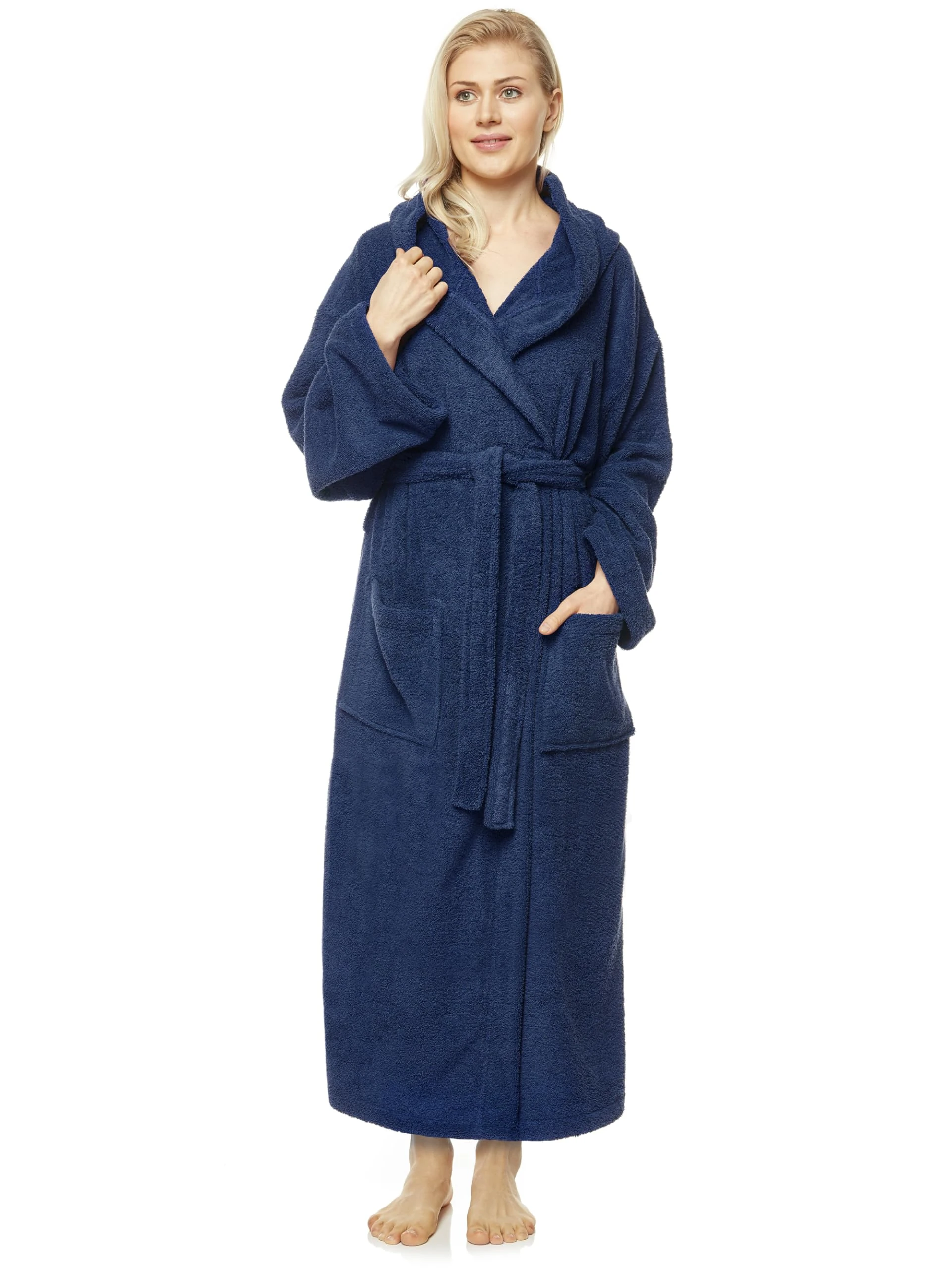 Arus Women`s bathrobe with hood,ankle length, 100% cotton terry towelling, marine, S-M Long