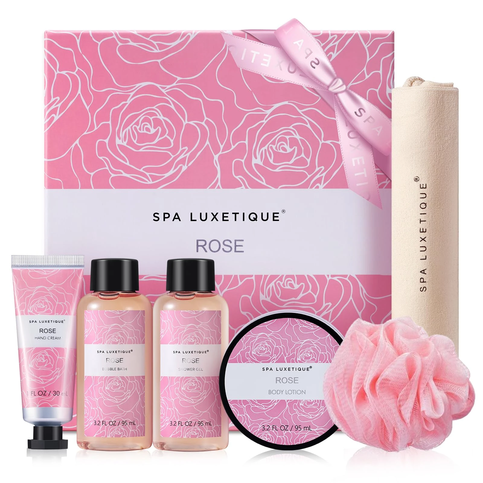Spa Luxetique Spa Gift Set, Pampering Gifts for women, 6pcs Rose Bath Gift Set, Travel Gift Box with Hand Cream, Body Lotion, Bubble Bath Sets for Women Birthday Valentines Day Mother‘s Day Gifts