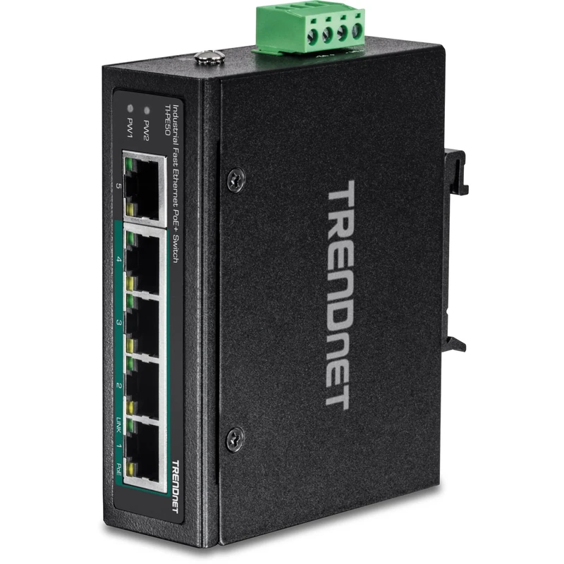 TRENDnet TI-PE50 5-Port Industrial Fast Ethernet PoE+ DIN-Rail Switch