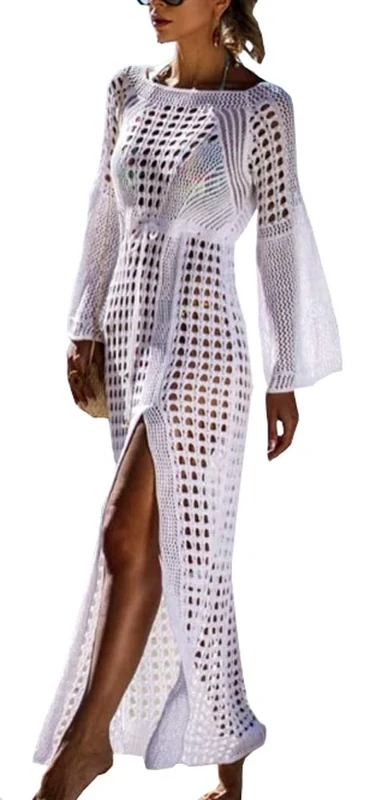 FreestyleMo Women's Long Sleeve Kaftan Dress Bikini Cover Ups Crochet Long Beach Maxi Dress (One Size, White)