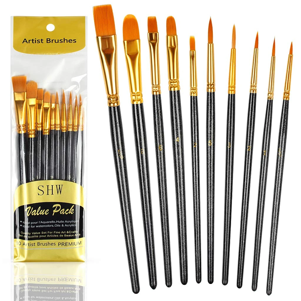 10PCS Paint Brushes Set Nylon Hair Brush for Acrylic Painting Oil Painting Watercolor Painting Gouache Painting Face Painting (Black)