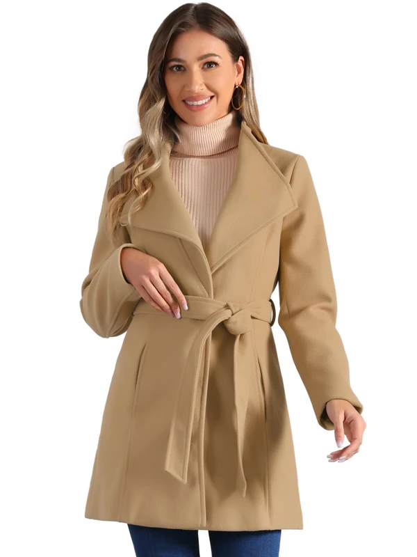 Allegra K Women's Winter Elegant Stand Collar Long Sleeve Long Belted Coats Khaki M