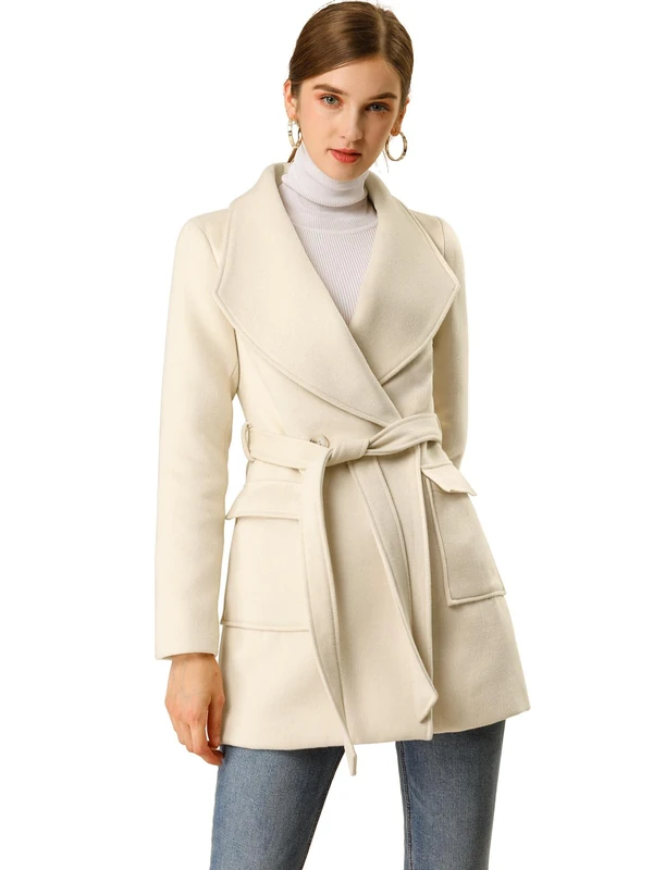Allegra K Women's Shawl Collar Lapel Winter Belted Coat with Pockets Cream White S