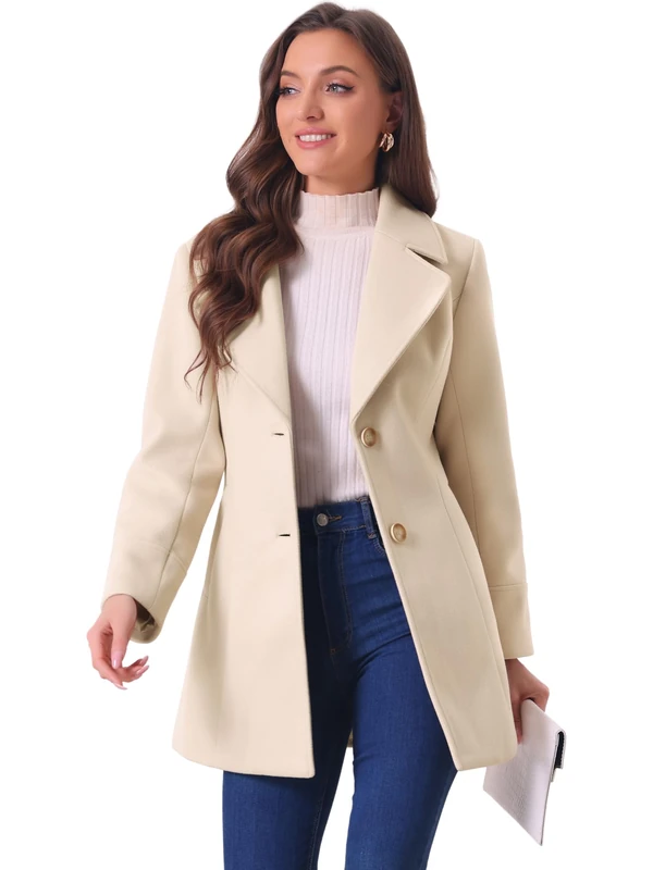 Allegra K Women's Notched Shawl Collared Buttons Overcoat Single Breasted Long Winter Coat with Pockets Beige 16