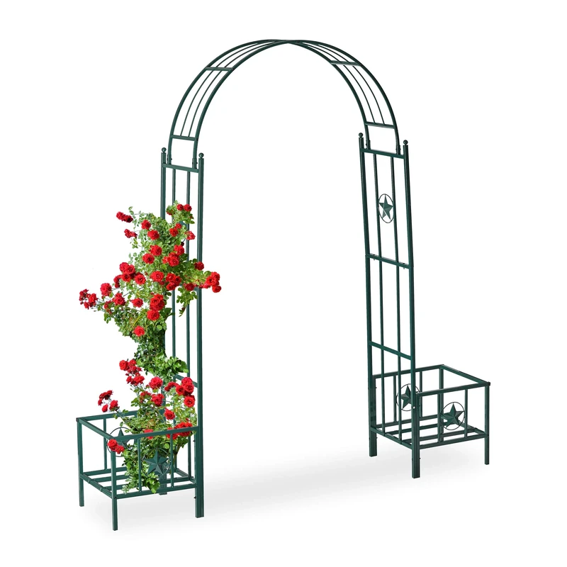 Relaxdays Rose Arch with Planters, Weatherproof, Metal Trellis, Climbers Support, Garden, HWD 226x204x45 cm, Green