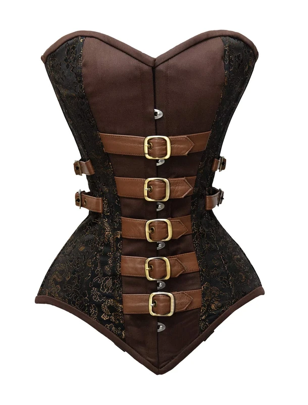 luvsecretlingerie 22 Double Steel Boned Waist Training Brocade & Genuine Leather Long Overbust Shaper Corset #8717