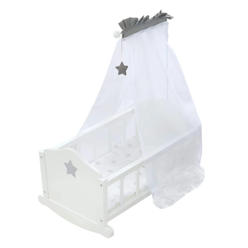 roba Doll Cradle 'Stella', White Lacquered, Including Textile Equipment, Bedding, and Canopy