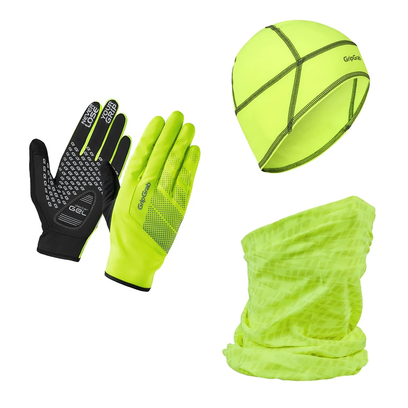 GripGrab Unisex's Cycling Essentials Gift Thermal Winter Bundle-Highly-Visible Touchscreen Gloves, Skull-Cap, Neck-Warmer, Yellow Hi-Vis, Small - Image 1