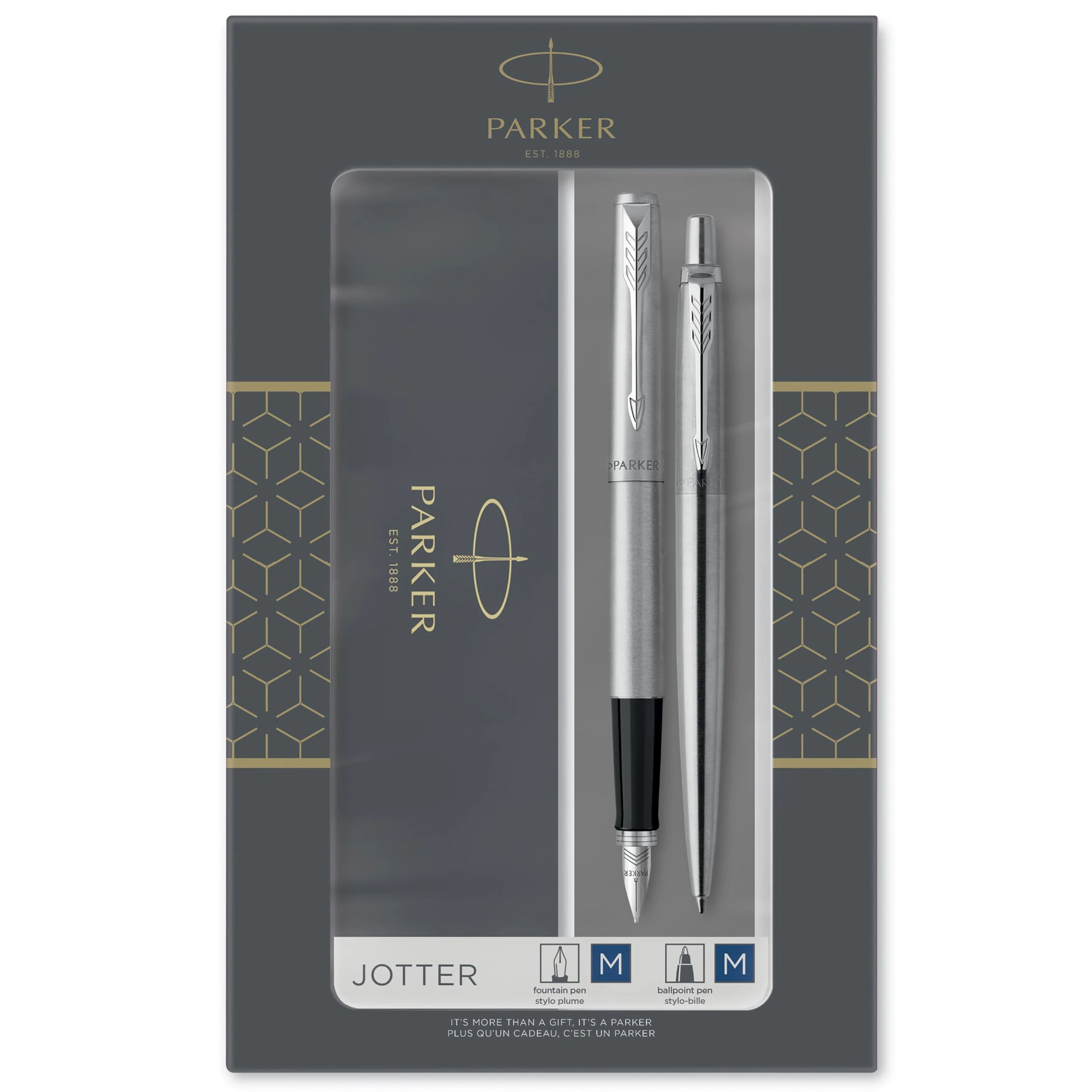 Parker Jotter Duo Gift Set with Ballpoint Pen & Fountain Pen | Stainless Steel with Chrome Trim | Blue Ink Refill & Cartridges | Gift Box