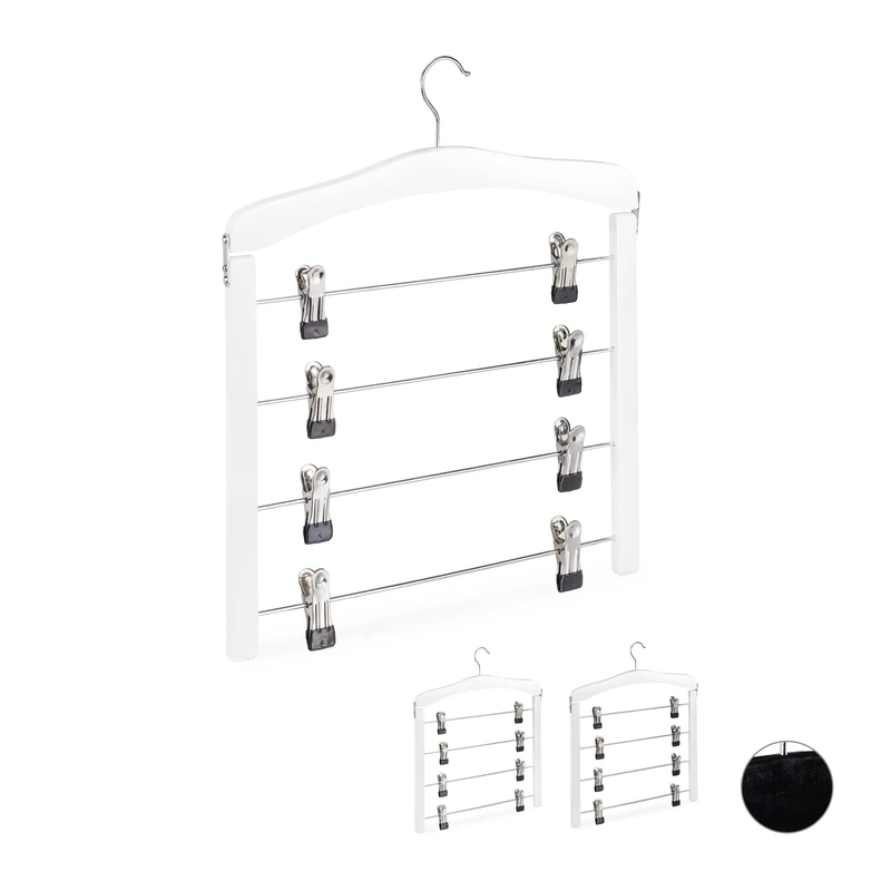 Relaxdays Multi Skirt Holder Set of 3, Compact, 360° Swivel Hooks, Clips for Pants and Skirts, Wooden, White