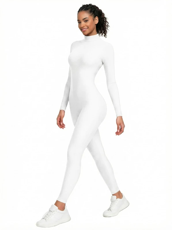 OVIGILY Adult High Neck Long Sleeve Dance Unitard for Women Bodysuits - White - S