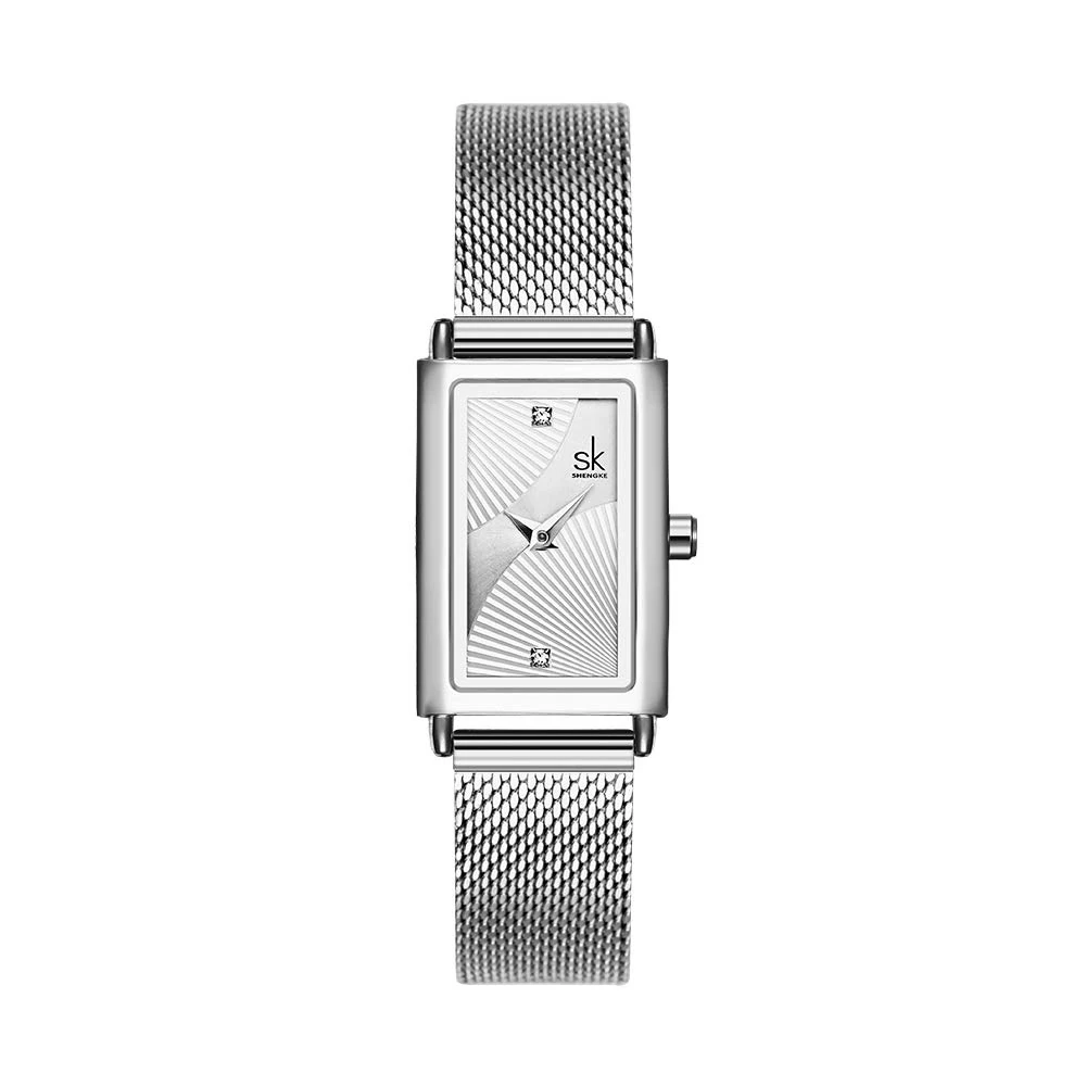 SHENGKE Minimalist Watch (Love Me Tender Love Me Home) Casual Fashion Wrist Watch Mesh Square Silver