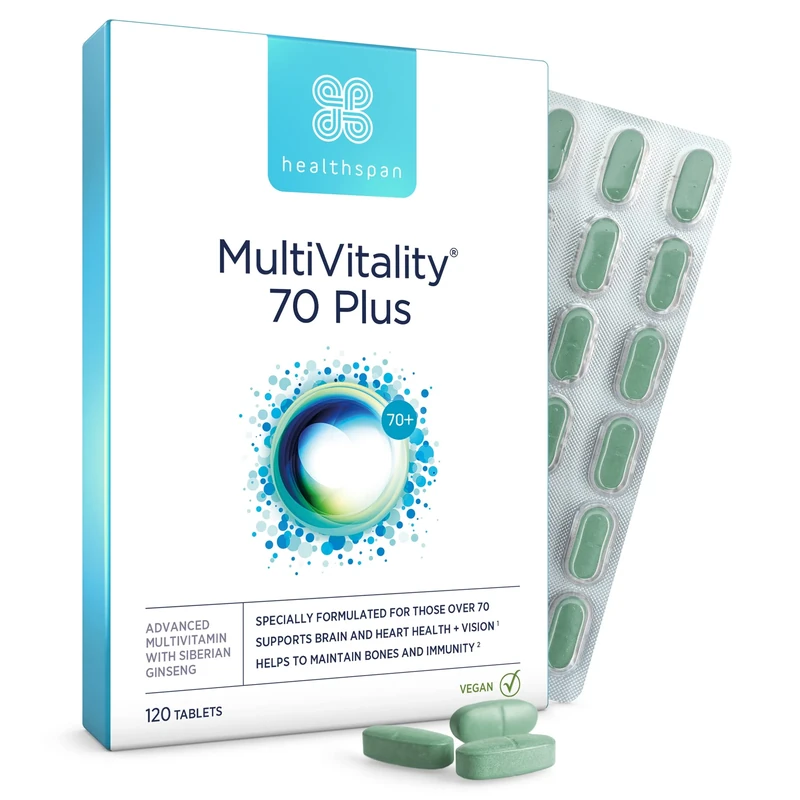 Healthspan Multivitamin 70 Plus | (120 Tablets) | Vitamin C & Vitamin D3 | Brain, Heart, Bone & Immunity Health | Ginseng, Bioflavonoids & Acetyl L-carnitine | Vegan