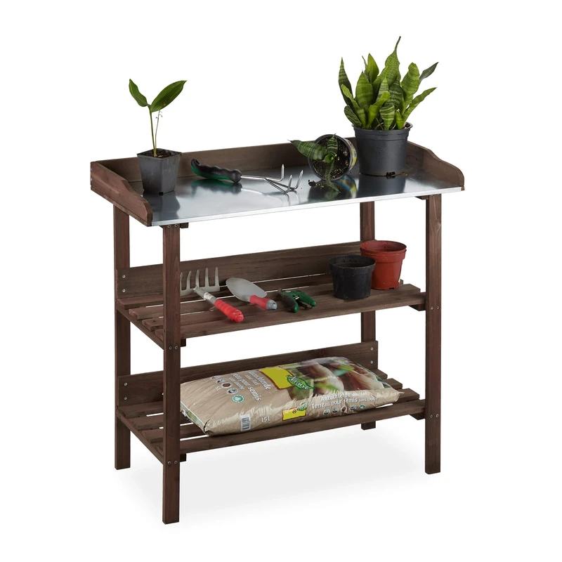 Relaxdays Plant Table, Garden Workbench With 3 Tiers, Greenhouse, Shed, Balcony & Patio, Wood, 86x92x42 cm, Dark-brown