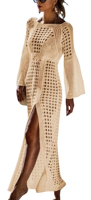 FreestyleMo Women's Long Sleeve Kaftan Dress Bikini Cover Ups Crochet Long Beach Maxi Dress (One Size, Apricot)