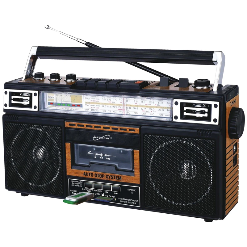 Supersonic SC-3201TBTWOD Bluetooth Retro 4 Band Radio Cassette USB Wood - Image 1