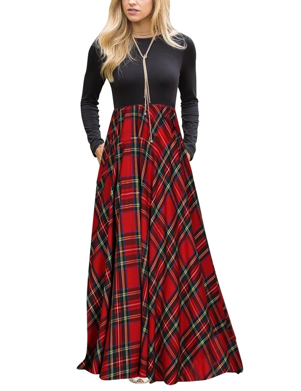 MEROKEETY Women's Long Sleeve Plaid Empire Waist Full Length Maxi Dress with Pockets, Red#1, X-Large - Image 1