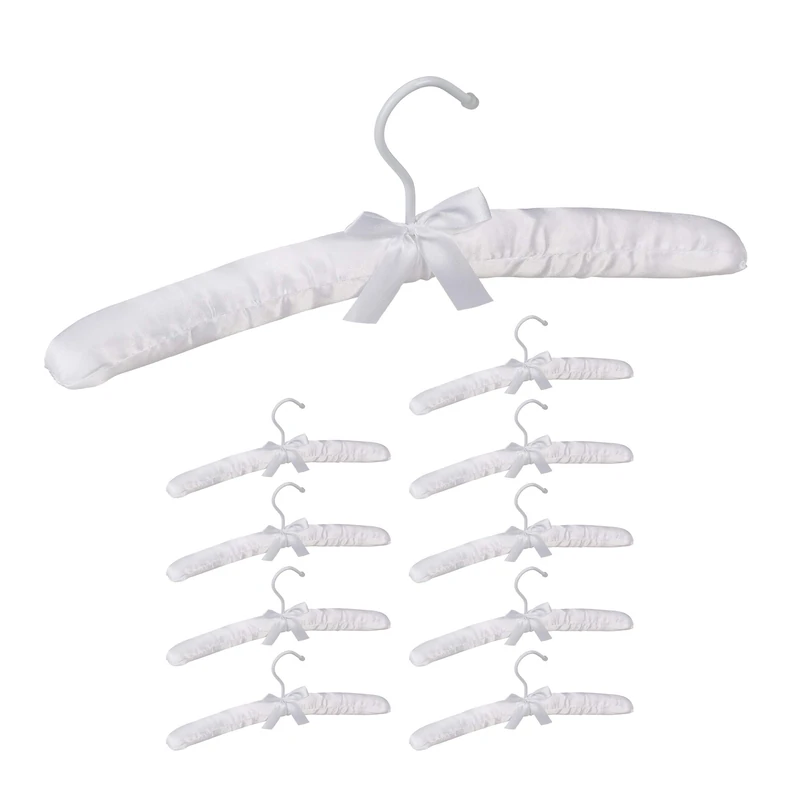 Relaxdays Satin Clothes Hanger Set of 10, Soft Padding, 360° Swivel Hooks, Decorative Bow, 38 cm Wide, White