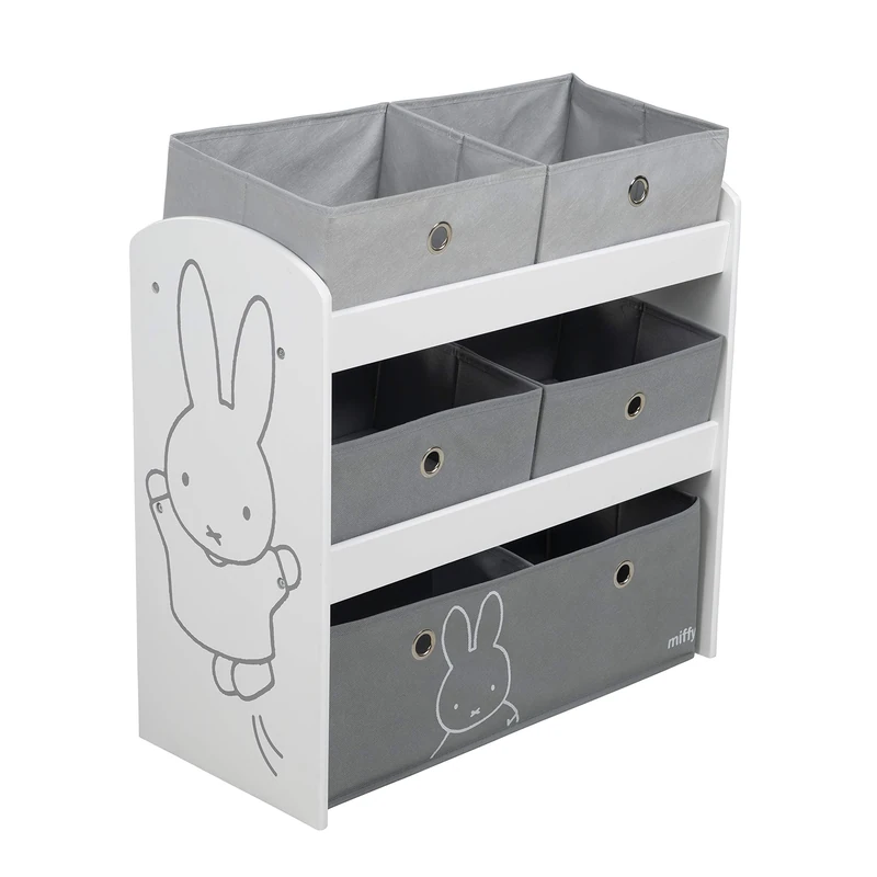 roba miffy® Toy Shelf - Toy shelf for children's room with 5 grey fabric boxes - Rabbit motif - Storage shelf for girls and boys - White wood