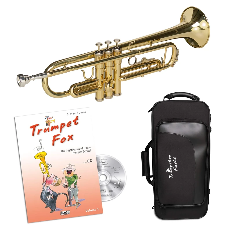CASCHA Trumpet Fox Beginner Set including Bb Trumpet, Trumpet Fox Vol. 1, Accessories, Mouthpiece, Cleaning Cloth and Case, Gold