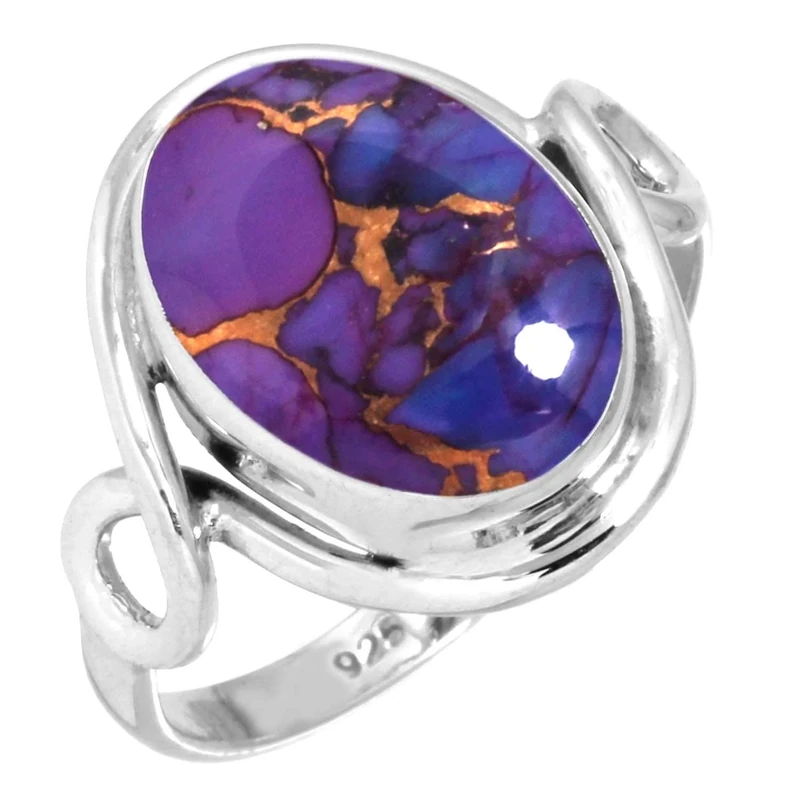 Jeweloporium Copper Purple Turquoise Silver Ring Size M 1/2, 925 Sterling Silver Ring for Women, Oval Stone Handmade Jewellery