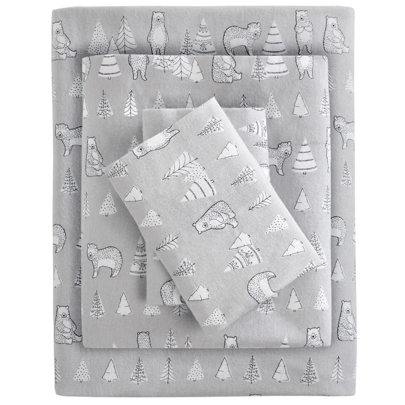 SLEEP PHILOSOPHY True North Cozy Flannel Warm 100% Cotton Sheet - Novelty Print Animals Stars Cute Ultra Soft Cold Weather Bedding Set, King, Bear 4 Piece