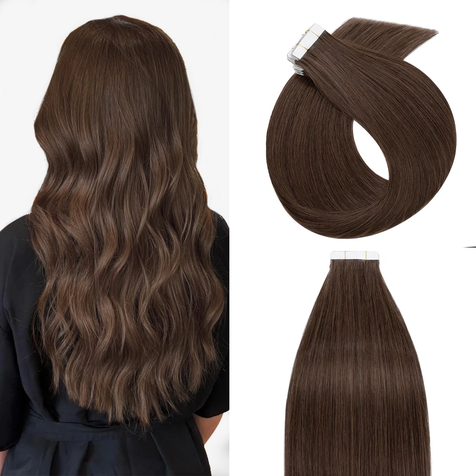 Silk-co 18" Tape in Real Remy Human Hair Extension #04 Medium Brown Skin Weft Hair Extensions Seamless Long Straight (20 Pieces, 50g）