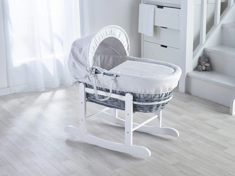 Kinder Valley White Waffle Grey Wicker Moses Basket with White Rocking Stand, Adjustable Hood. Fibre Mattress & Padded Liner