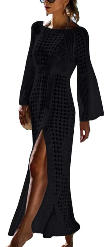 FreestyleMo Women's Long Sleeve Kaftan Dress Bikini Cover Ups Crochet Long Beach Maxi Dress (One Size, Black)