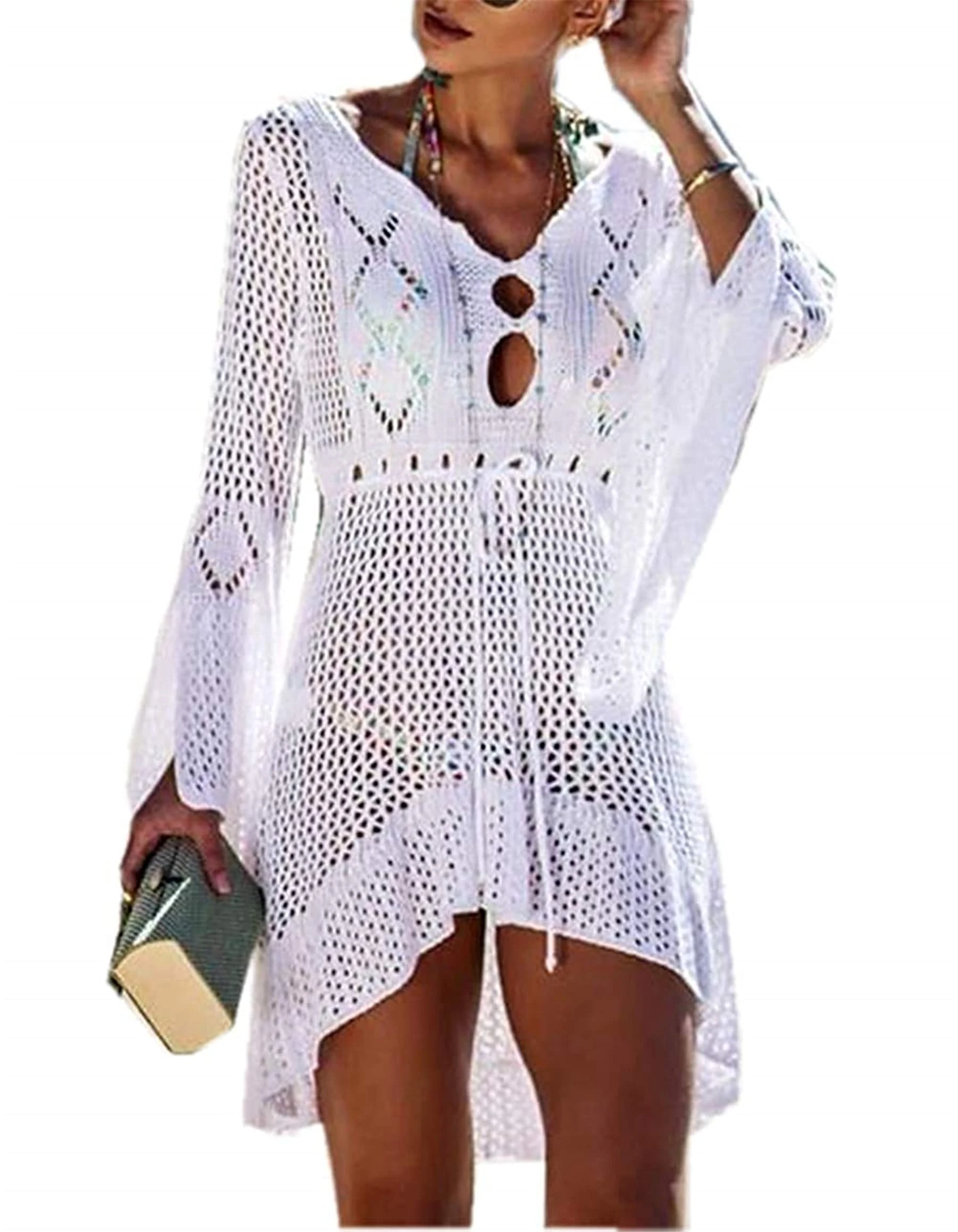 Jinsha Women's Swimsuitwear-Fashion Sexy-Bikini Bathing-Beachwear Cover-Ups - Sarongs Suit Hollow Crochet Dress Skirt Short Tops Blouse Tunic Open Front Lightweight Casual Cover Up Summer Women White