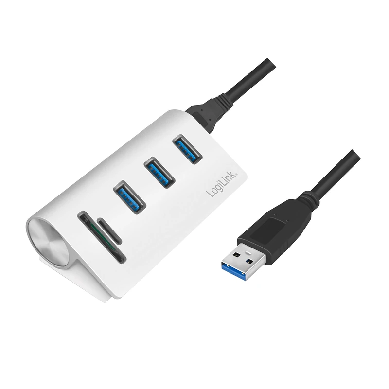 LogiLink CR0045 - USB 3.0 Hub (3 Port) with Card Reader for SD+Micro SD Memory Cards, Aluminum Case, for Windows/MAC OS/Linux, Silver