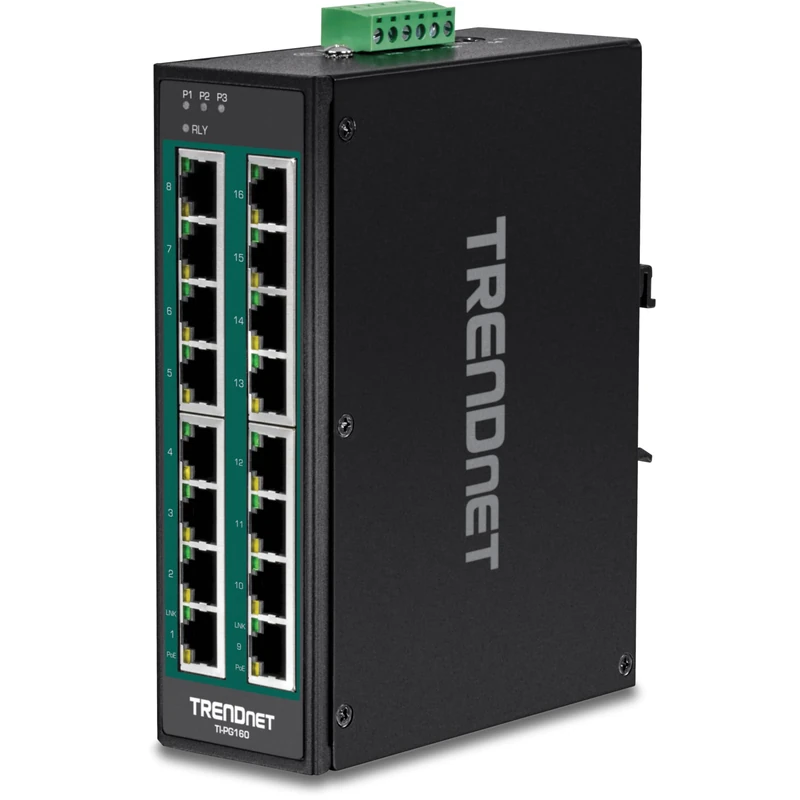 TRENDnet 16-Port Hardened Industrial Unmanaged Gigabit 10/100/1000Mbps DIN-Rail Switch w/ 16 Gigabit PoE+ Ports, TI-PG160
