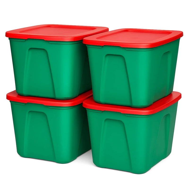 Homz Holiday Plastic Storage Container, Red and Green, Medium