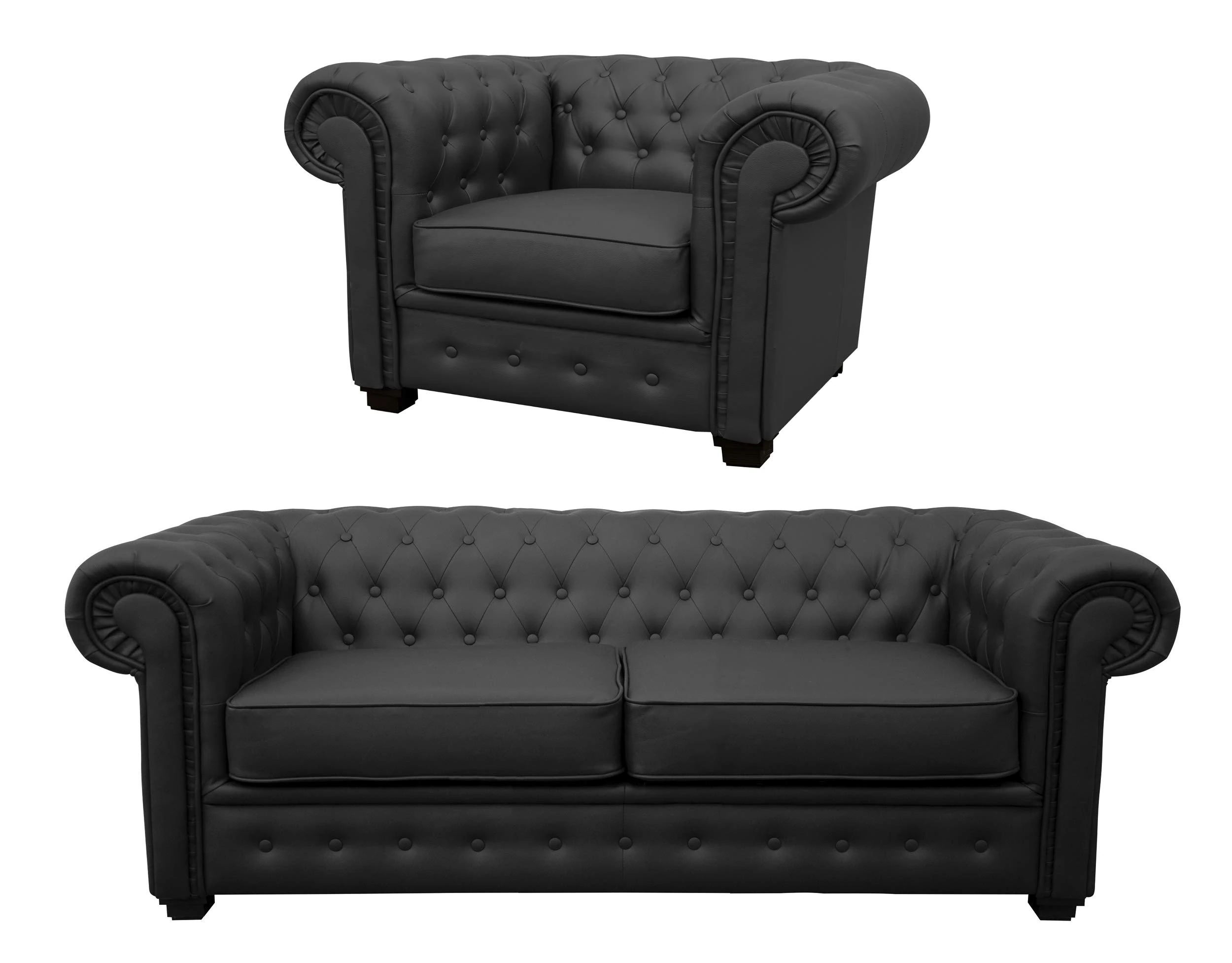 Chesterfield Style Venus Sofa 3 Seater 2 Seater Armchair Black Faux Leather (2+1 Seater)