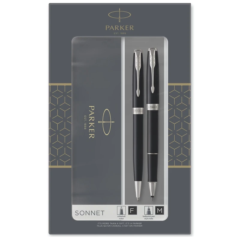 Parker Sonnet Duo Gift Set With Ballpoint Pen & Rollerball Pen, Gloss Black With Chrome Trim, Black Ink Refill & Cartridge, Gift Box